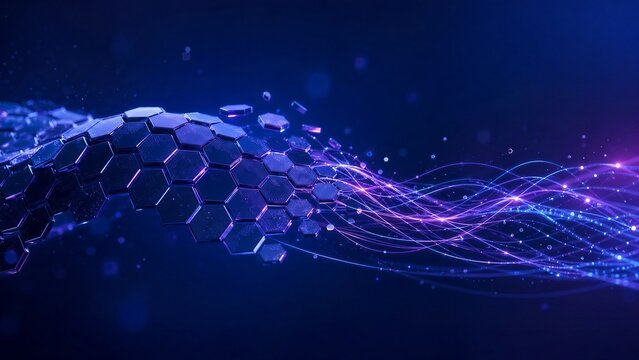 Elegant blend of corporate professionalism and startup aesthetic. A hexagonal grid deconstructing into neon strings wave with microchip textures and digital particles
