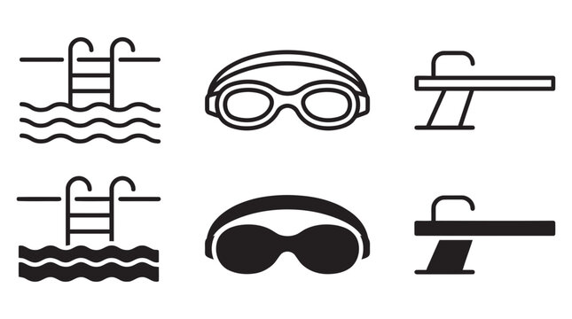 Swimming pool and aquatic sports icons including pool ladder diving board and protective goggles with activity