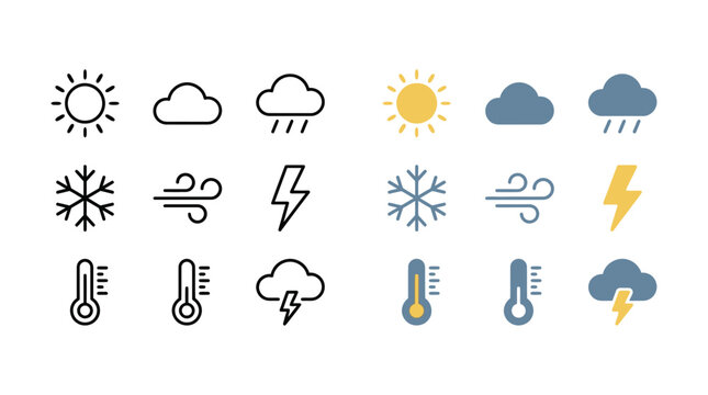 Complete set of weather forecast icons featuring sun clouds rain snow storm and temperature thermometers