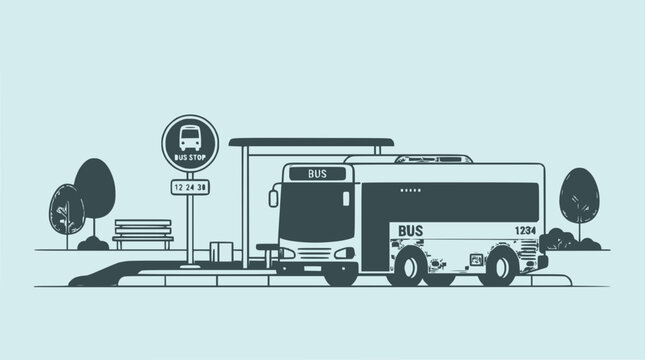 Urban Bus Stop Scene with Modern Bus and Shelter - Vector Illustration