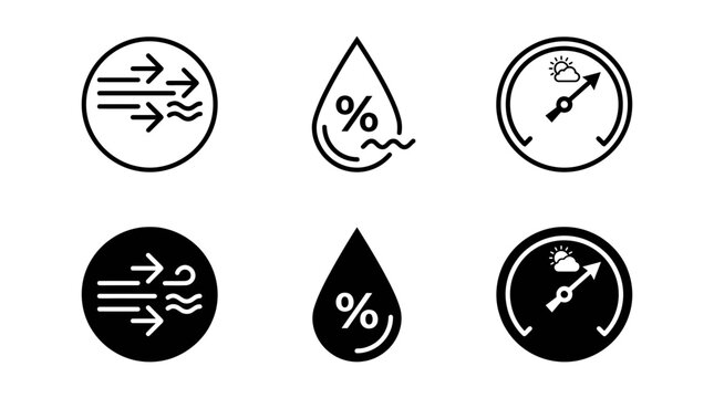 Set of meteorology icons including wind speed humidity and weather gauge in thin line and solid style