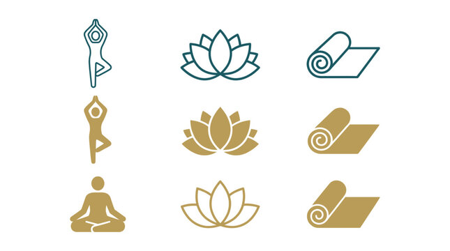 Yoga and relaxation icon set featuring tree pose lotus flower and rolled exercise mat meditation wellness