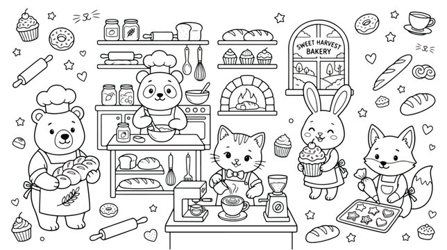 Kawaii animal bakery coloring page vector, cute forest animals baking bread and cupcakes, sweet harvest bakery shop line art illustration