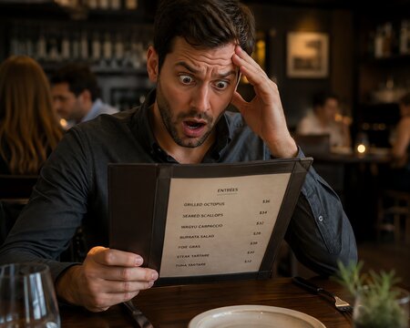 Man shocked by high restaurant menu prices due to inflation and economic crisis
