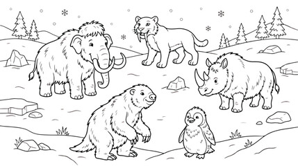 Prehistoric ice age animals coloring page vector, woolly mammoth and saber-toothed tiger line art, extinct pleistocene creatures in winter landscape © Fahad
