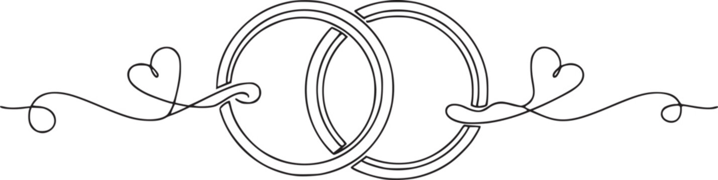 Continuous Line Wedding Rings with Hearts Minimalist Vector Illustration