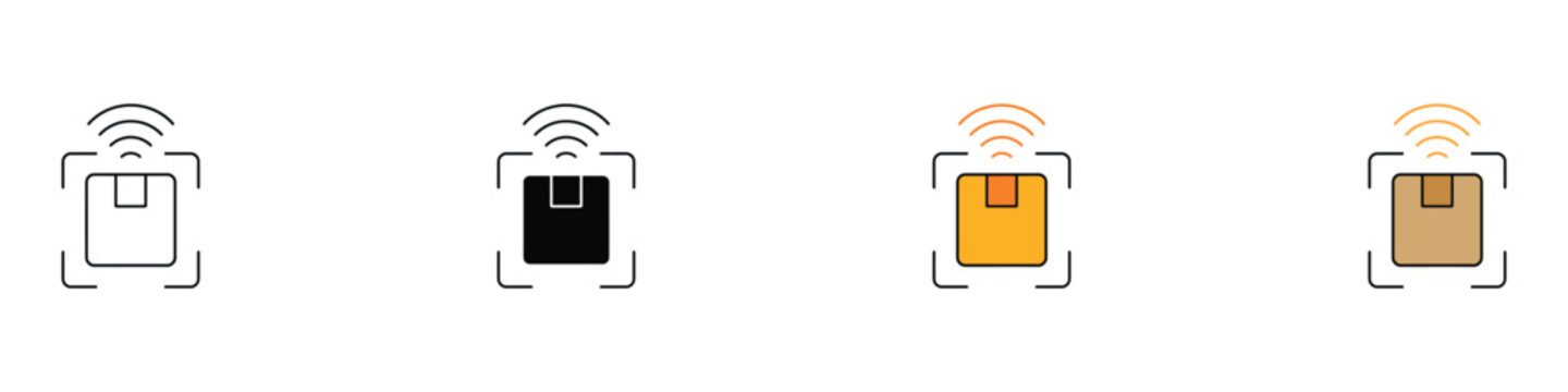 Parcel tracking and RFID smart logistics delivery icon set. Vector illustration of cargo box package with wireless scan radar signal in outline, glyph, and colorful flat design styles.