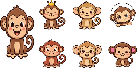 Fototapeta premium Cute Monkey Cartoon Character Collection Featuring Smiling Baby Monkey Princess Monkey and Funny Jungle Animal Poses for Adorable Vector Illustration Designs