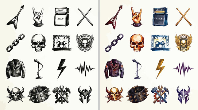 Collection of hand-drawn rock and roll symbols and icons, including guitars, amplifiers, drums, and skulls.