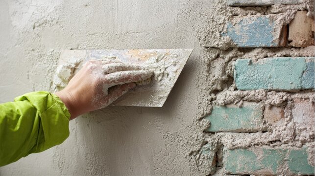 Hand smoothing plaster onto a rough brick wall with a trowel