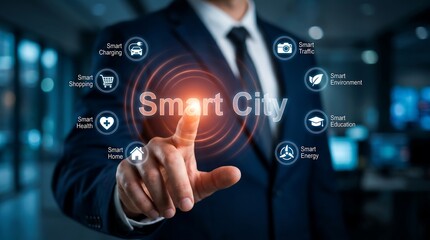 Fototapeta premium Smart City technology concept: Professional hand interacting with futuristic digital interface for urban development and sustainable solutions platforms.