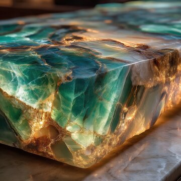luxury onyx material backlit green onyx surface angled view showcasing natural translucency crystalline structure emerald veining patterns spa wellness design