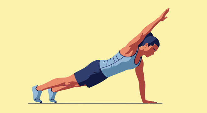 Woman doing side plank exercise on yellow background, fitness and healthy lifestyle