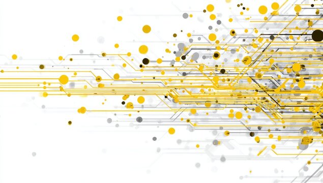 Abstract data network with glowing yellow and grey dots on white