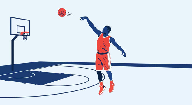 Basketball player shooting ball at hoop, dynamic action, sports illustration, clean design