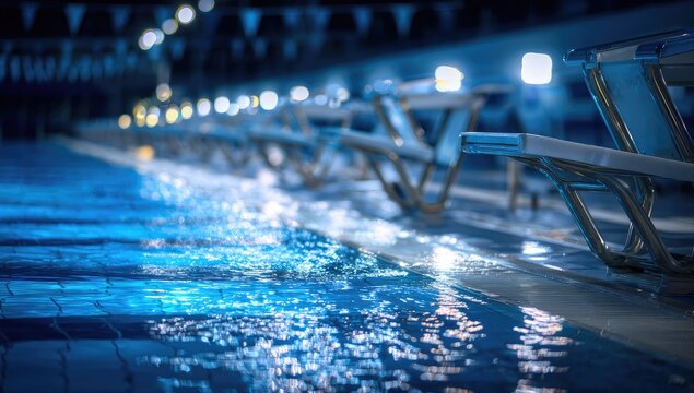 Empty Swimming Pool Lanes with Starting Blocks at Night.