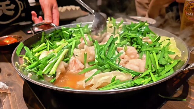 Chef stirring motsunabe hot pot with chive and chili garnish, Japanese Fukuoka Cuisine Comfort Food, Tender Beef Tripe, Smoky Steaming Miso Broth, Slow Motion