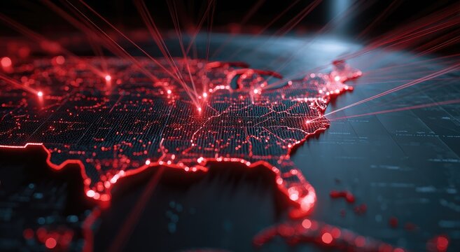 Digital map of United States glowing with red network connections
