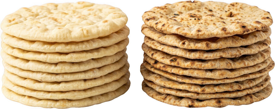 Two stacks of round flat leavened bread one golden brown and lightly browned the other baked to a deeper golden hue with slight charring flatbread pita naan chapati tortilla