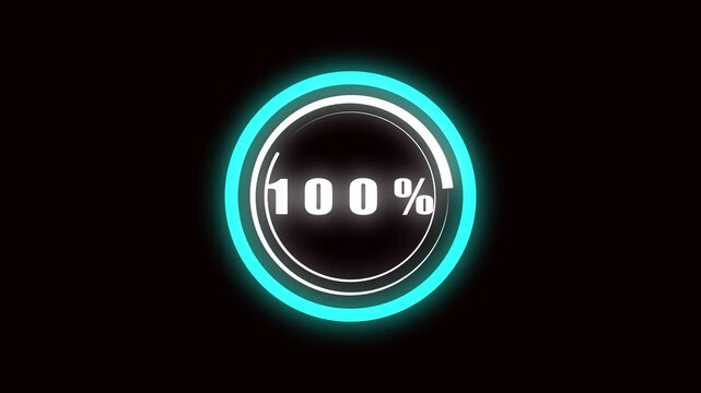 Neon cyan 100 percent complete loading circle animation HUD overlay motion graphics digital design. Animated neon cyan circle loading progress indicator 100 percent complete technology HUD design.