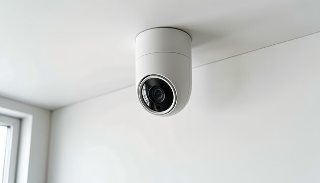 White Security Camera Mounted on Ceiling in Minimalist Room