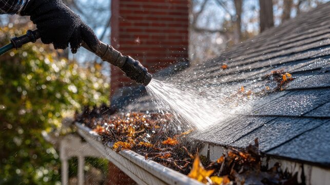 Hand wearing glove sprays water into a clogged gutter filled with leaves