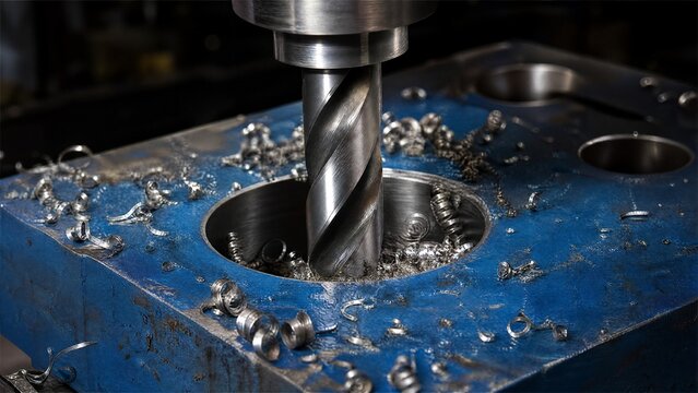reaming. A shiny metal drill bit reaming a hole in thick blue steel. safety posters, maintenance manuals, designed for precision metalworking and fabrication facilities.