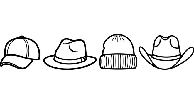 Line art illustrations of various hats baseball cap fedora beanie cowboy hat