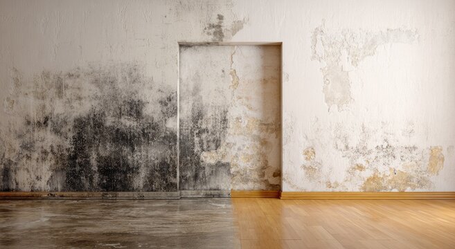 Grungy, damp wall with dark mold contrasts with a clean, bright, wood-floored room