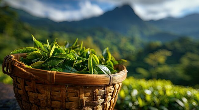 Woven basket overflowing with fresh green leaves, misty mountains backdrop