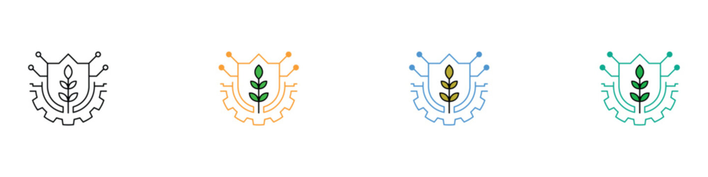 Agro tech and green technology shield icon set. Vector illustration of smart farming agriculture industry security gear and leaf sprout emblem in flat and outline styles.