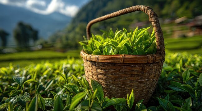 Woven basket overflowing with fresh green tea leaves on a sunlit plantation