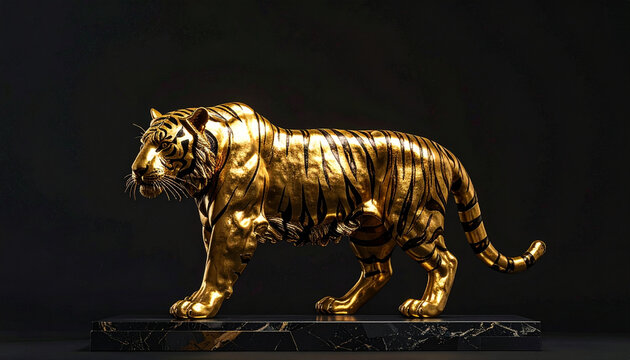 Golden tiger sculpture on black background