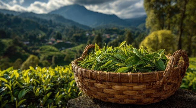 Freshly picked green tea leaves overflow a rustic basket with lush hills in the background
