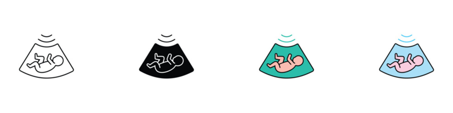 Pregnancy ultrasound and fetal monitoring icon set. Vector illustration of baby fetus on sonogram screen with scanning signal in outline, glyph, and colorful flat design styles.