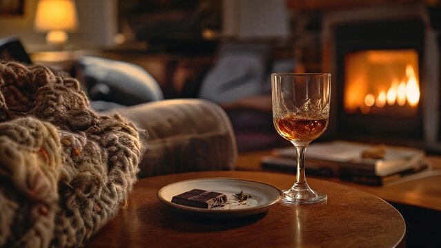 digestif. Cozy living room with a digestif glass and dark chocolate by a fireplace. lifestyle magazines, social media lookbooks, designed for influencer and brand collaborations, inspires lifestyle.