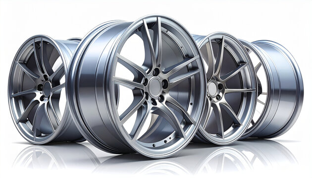 Shiny alloy wheels on white background