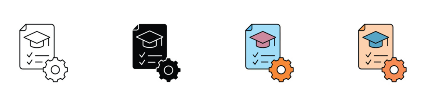 Academic management and learning settings icon set. Vector illustration of graduation certificate document with gear for educational regulation and school administration in flat and outline styles.