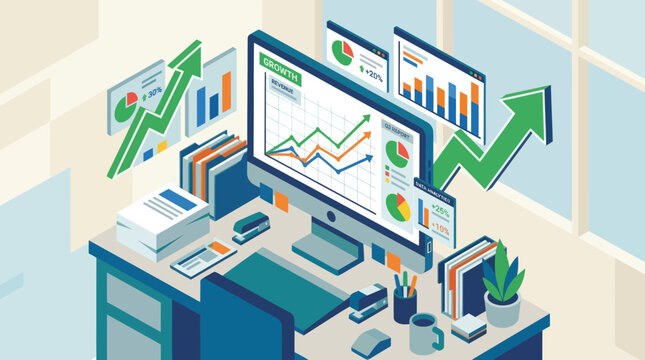 Isometric desktop with computer screen displaying business analytics and financial growth charts, representing data analysis and market success.