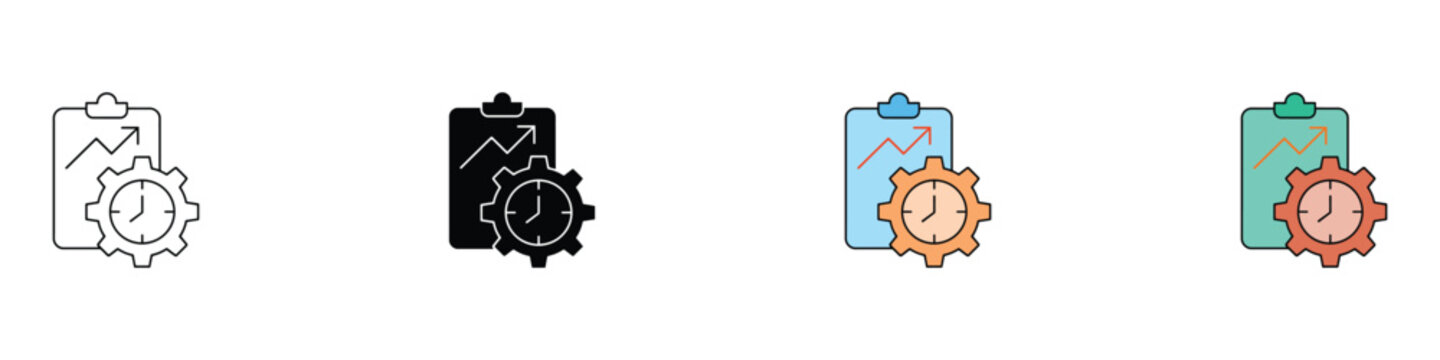 Time management and project performance icon set. Vector illustration of workflow efficiency clipboard with data growth chart and clock gear for productivity tracking in flat and outline styles.