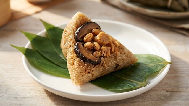 A triangular rice dumpling, filled with nuts and mushrooms, rests on a white plate adorned with green bamboo leaves, bathed in soft sunlight