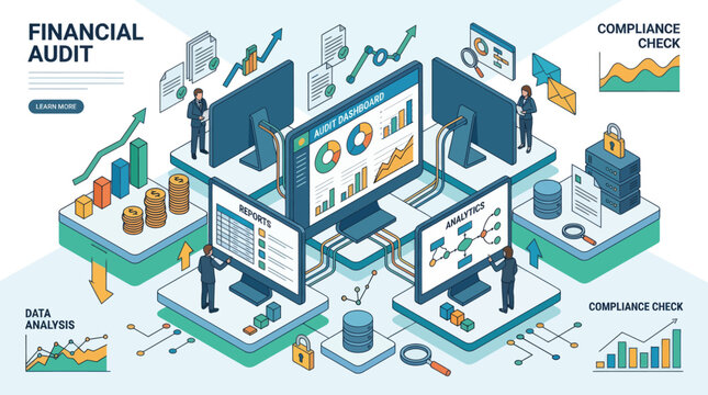 Isometric financial audit concept with data analysis and compliance check on computer screens, showing business review and accounting process.