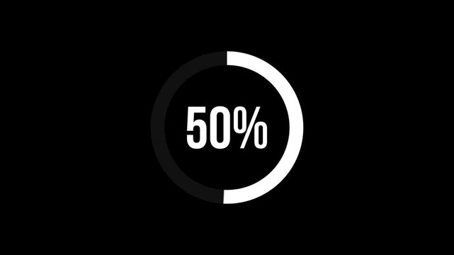 Minimal circular loading animation 0-100 percent progress bar, clean white ring loader ui on black background, 4k motion graphics overlay