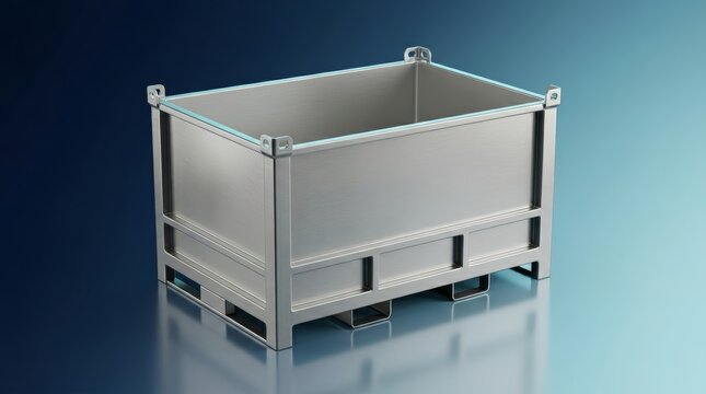Pharmaceutical granulation storage container 3D render, GMP industrial bin system, stainless steel processing vessel, drug formulation handling box, cleanroom equipment