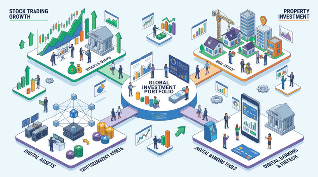 Global investment portfolio concept with isometric financial services, digital banking, cryptocurrency, and property investment.