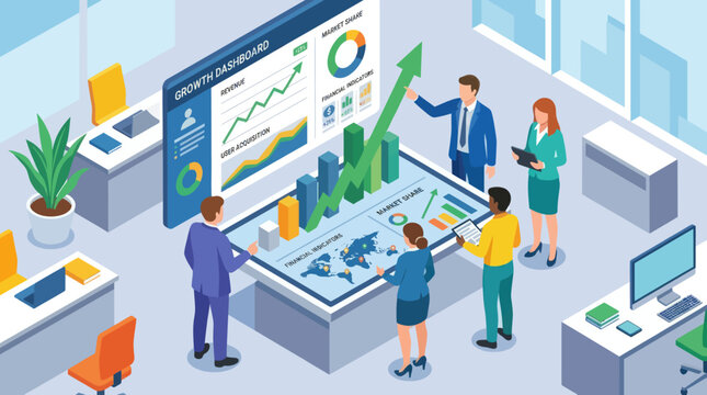 Business people analyzing financial data and growth charts in a modern office environment, illustrating teamwork and strategy.