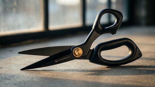 Black handled scissors with gold pivot, resting on a textured concrete surface with blurred window background