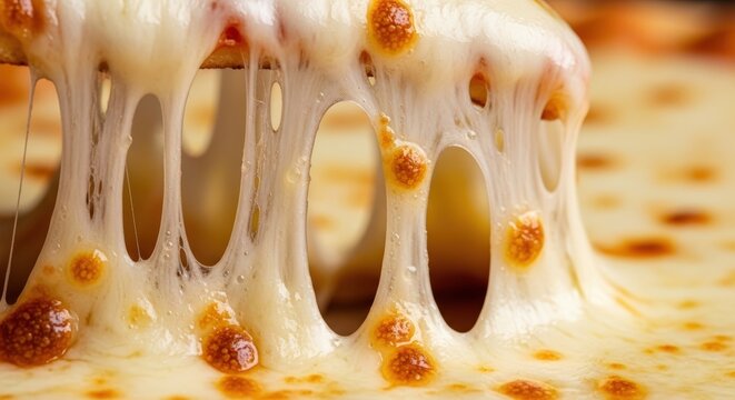 Melted cheese on pizza close-up.