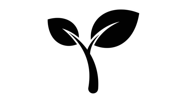 Black and white icon of a young plant sprout with two leaves on a white background.