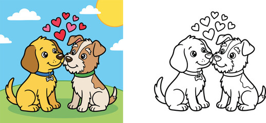 Cute Two Puppy Dogs in Love with Hearts Vector Illustration and Black and White Coloring Page for Kids, Pet Friendship and Valentine's Day Concept in Sunny Park Background for Education. © MSTA